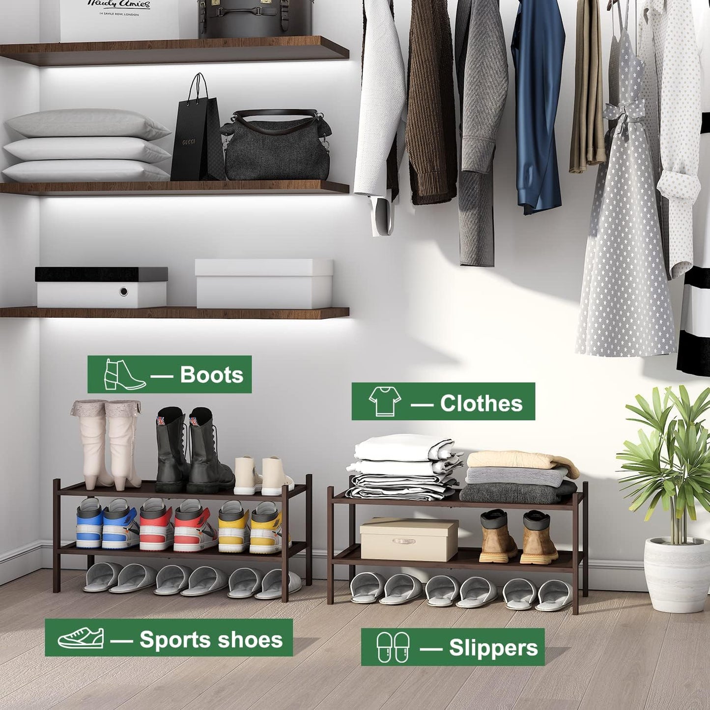 kiplant Small Shoe Rack, 4-Tier Bamboo Wood Shoe Rack for Entryway, Stackable Shoe Organizer for Hallway Closet, Free Standing Shoe Racks for Indoor & Outdoor
