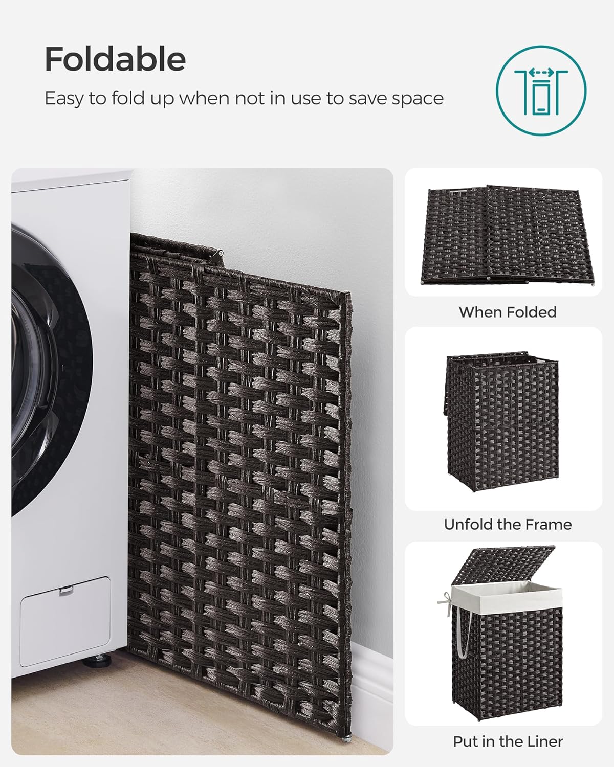 SONGMICS Laundry Hamper with Lid, 23.8 Gallon (90 L) Synthetic Rattan Clothes Laundry Basket with Lid and Handles, Foldable, Removable Liner, Chestnut Brown ULCB051K02
