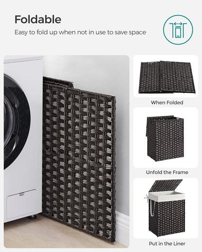 SONGMICS Laundry Hamper with Lid, 23.8 Gallon (90 L) Synthetic Rattan Clothes Laundry Basket with Lid and Handles, Foldable, Removable Liner, Chestnut Brown ULCB051K02