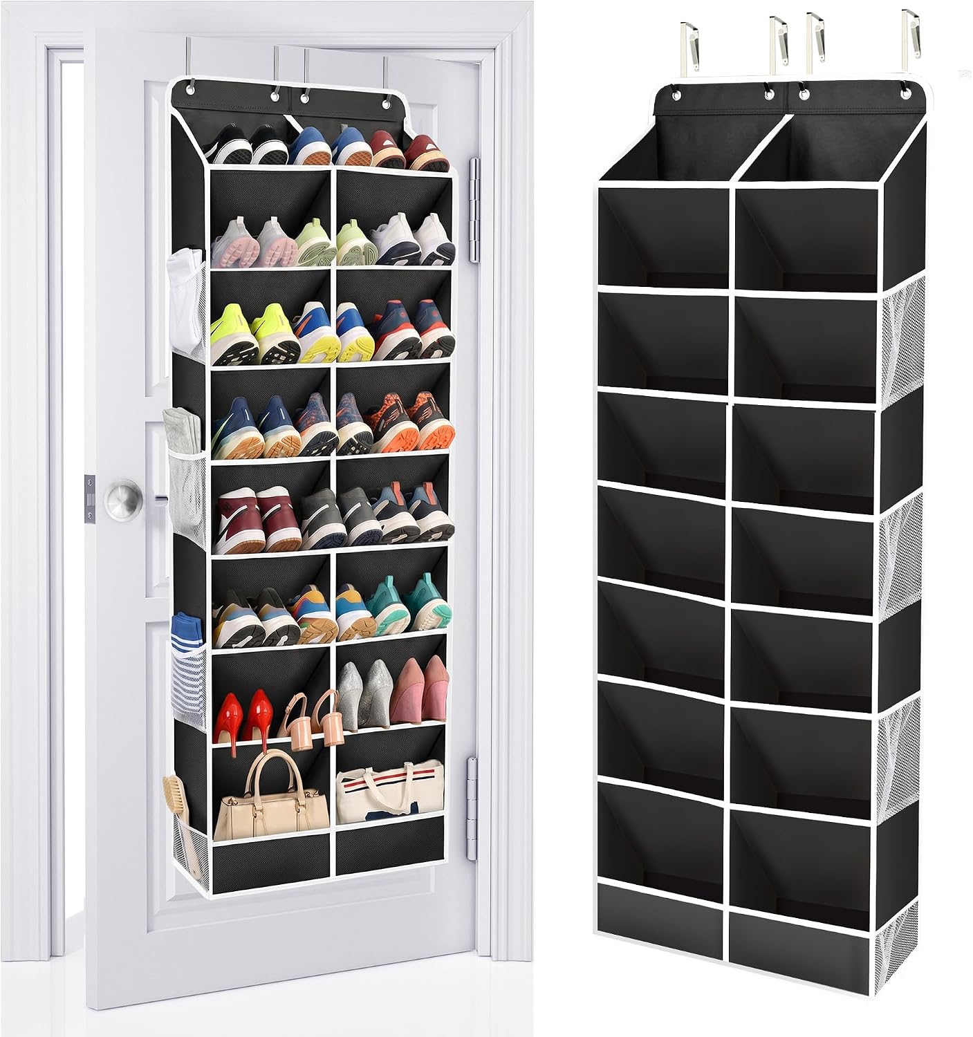 ULG Over The Door Shoe Organizer for Closet Fit 24-32 Pairs with Large Deep Pockets, Narrow Shoe Rack for Door Hanging Boots Storage, Black