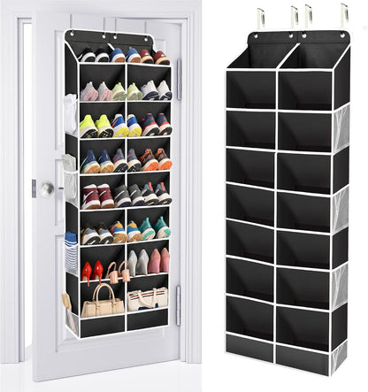 ULG Over The Door Shoe Organizer for Closet Fit 24-32 Pairs with Large Deep Pockets, Narrow Shoe Rack for Door Hanging Boots Storage, Black