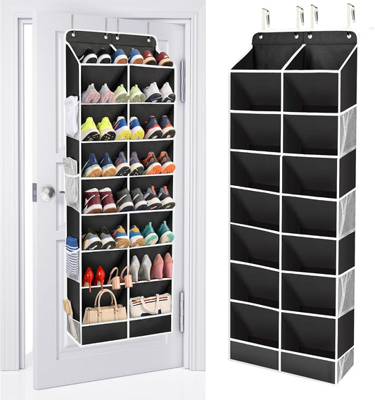 ULG Over The Door Shoe Organizer for Closet Fit 24-32 Pairs with Large Deep Pockets, Narrow Shoe Rack for Door Hanging Boots Storage, Black