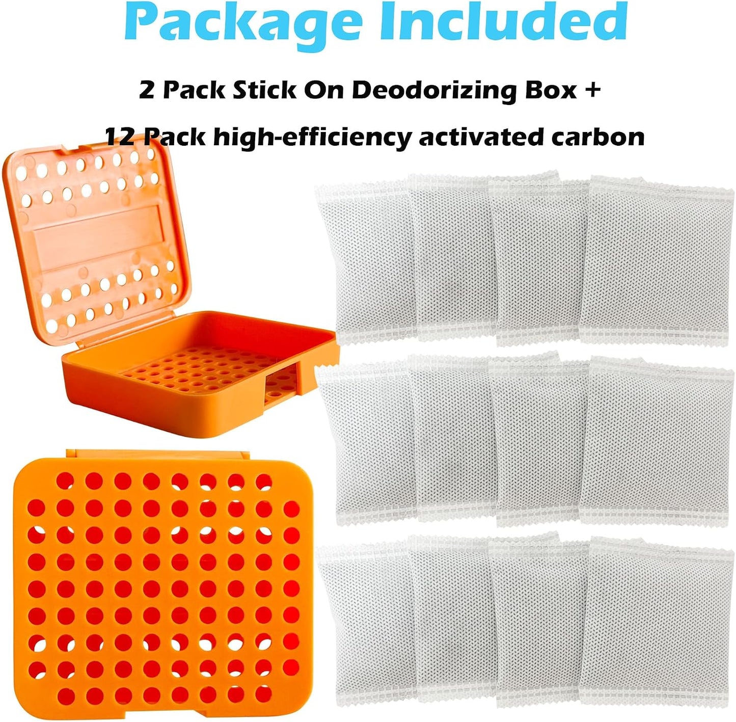 2 Pack Stick On Deodorizing Box, 12 Pack Odor Removing Refills for Trash Can, Activated Charcoal Odor Eliminator for Indoor Kitchen Trash/Diaper Pails/Wardrobe/Shoe Cabinet (Black)