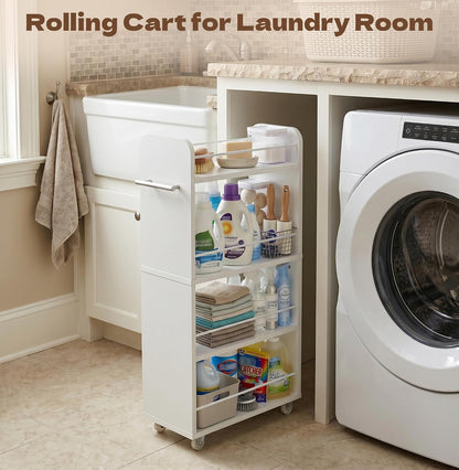 Slim Rolling Storage Cart,4 Tier White Rolling Utility Cart Slide Out Rack | Narrow Spice Rack Organizer Trolley for Kitchen Bathroom Larundry Small Corner 7.7inch wide