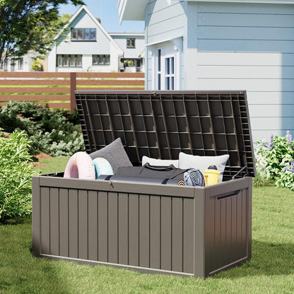 NUNU LAB Outdoor Storage Box, 45 Gallon Outside Deck Box Waterproof, Resin Outdoor Storage Cabinet With Lockable Lid, Backyard Storage Bench For Garden Tools, Patio Cushions, Pool Tools, Black