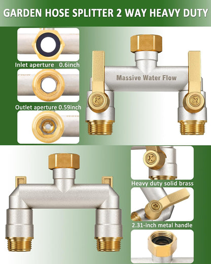 Hose Splitter 2 Way Heavy Duty, Solid Brass Full Flow Outdoor Faucet and Garden Hose Splitters, Water Spigot Splitter T Adapter, All Metal Water Connector with Shut-Off Valve, 3/4 - Inch GHT Thread