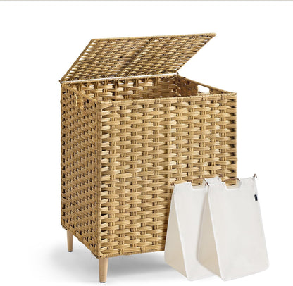 SONGMICS 3-Section Laundry Hamper with Lid, 42.2 Gal (160L) PE Rattan Laundry Basket with Removable Washable Liners, for Bedroom & Living Room, Chestnut Brown ULCB223ME01
