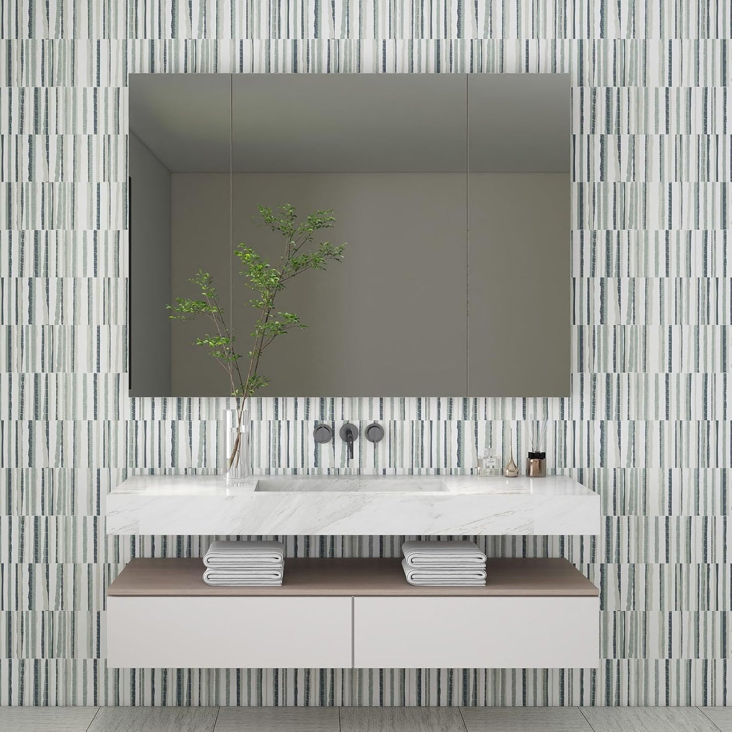 Modern Peel and Stick Wallpaper 17.3" x 80" White Wall Paper Peel and Stick Boho Birch-Twig Stripe Contact Paper Removable Self Adhesive Wallpaper for Bathroom Bedroom Shelf Cabinet Decor Vinyl