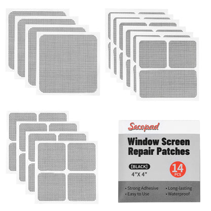 Secopad 14 Sheets Window Screen Patches Repair Kit, Black 3 Sizes Window Screen Repair Kit for Mesh Screen Door, Strong Adhesive Fiberglass Quick Screen Repair Tape