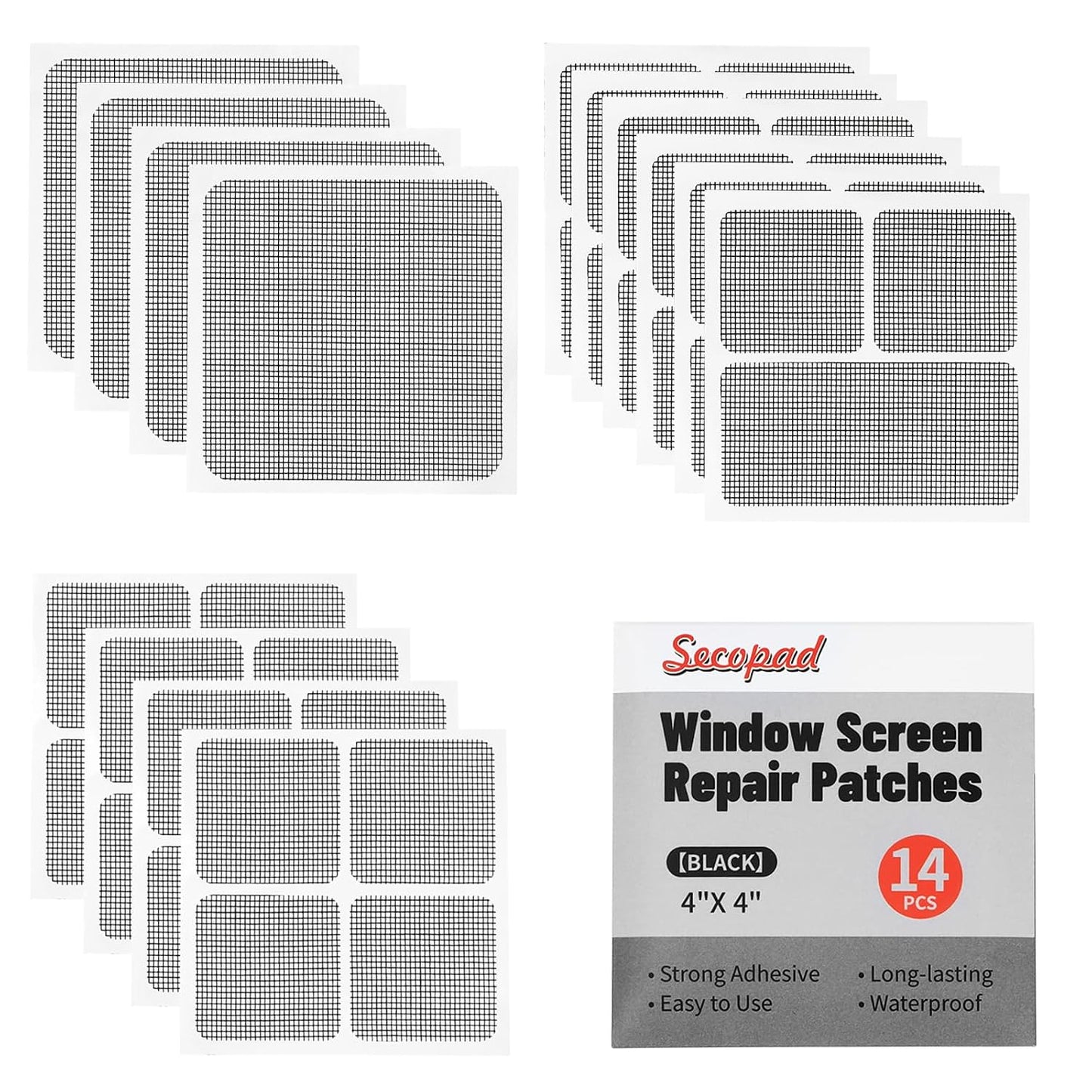 Secopad 14 Sheets Window Screen Patches Repair Kit, Grey/Black 3 Sizes Window Screen Repair Kit for Mesh Screen Door, Strong Adhesive Fiberglass Quick Screen Repair Tape