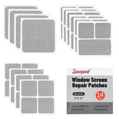 Secopad 14 Sheets Window Screen Patches Repair Kit, Grey/Black 3 Sizes Window Screen Repair Kit for Mesh Screen Door, Strong Adhesive Fiberglass Quick Screen Repair Tape