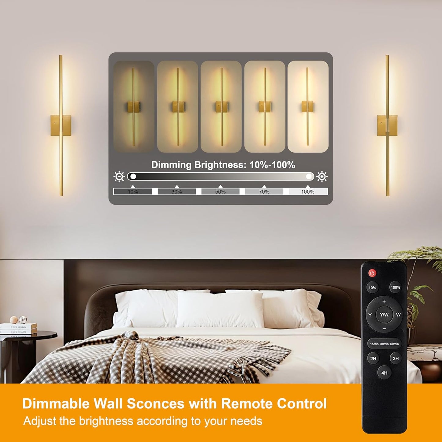 Morauroral Battery Operated Wall Sconces Set of 2, 10000mAh Rechargeable Sconces, 3000K-6000K Dimmable LED Wall Lamp with Remote, 24 Inch Black Gold Wireless Wall Lights for Bedroom, Living Room