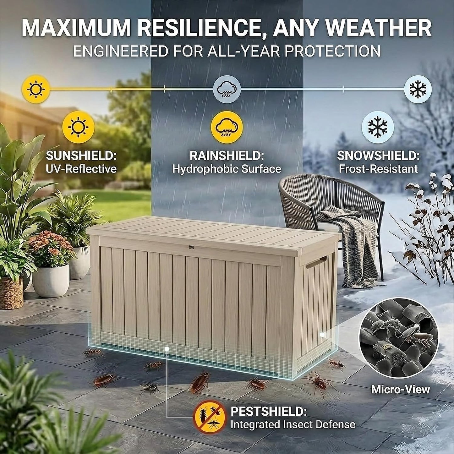 270 Gallon Lockable Resin Outdoor Storage Box, Waterproof & Weather Resistant Deck Box for Patio Cushion, Garden Tools & Pool Accessories, Black