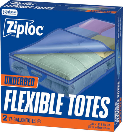 Ziploc Flexible Totes, X-Large Size, 22 Gallon, 2 Count Organizing Tote with Zipper and Built‑In Handles, Flexible & Stackable Clothing and Home Storage Bag