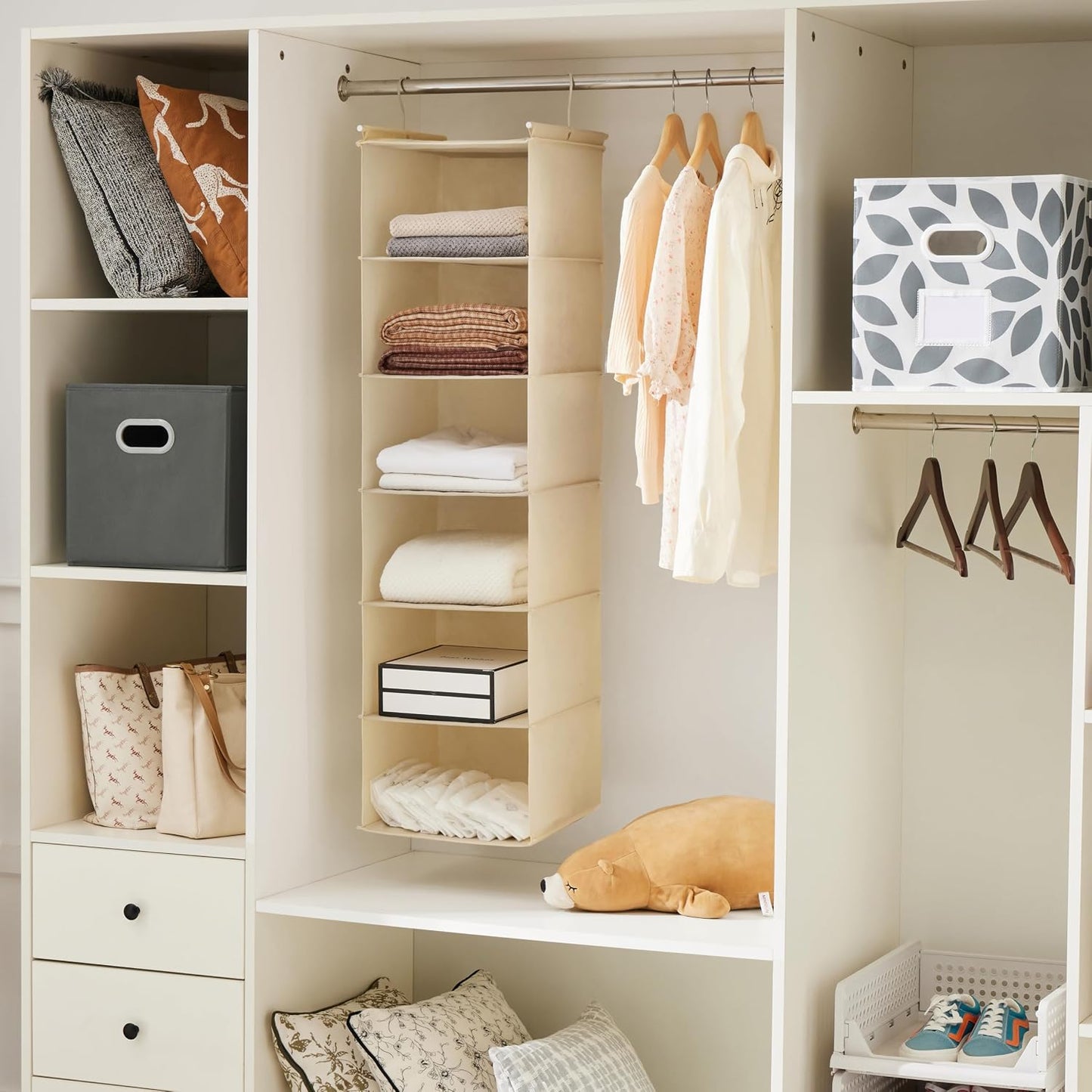 MAX Houser 6 Tier Shelf Hanging Closet Organizer, Closet Hanging Shelf with 2 Sturdy Hooks for Storage, Foldable (Grey)