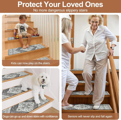 OJIA Non-Slip Carpet Stair Treads for Wooden Steps Set of 15, 30''X8'' Indoor Runner Resistant Rugs Rubber Safety Mats for Dogs, Kids & Elders, Stairway Grip