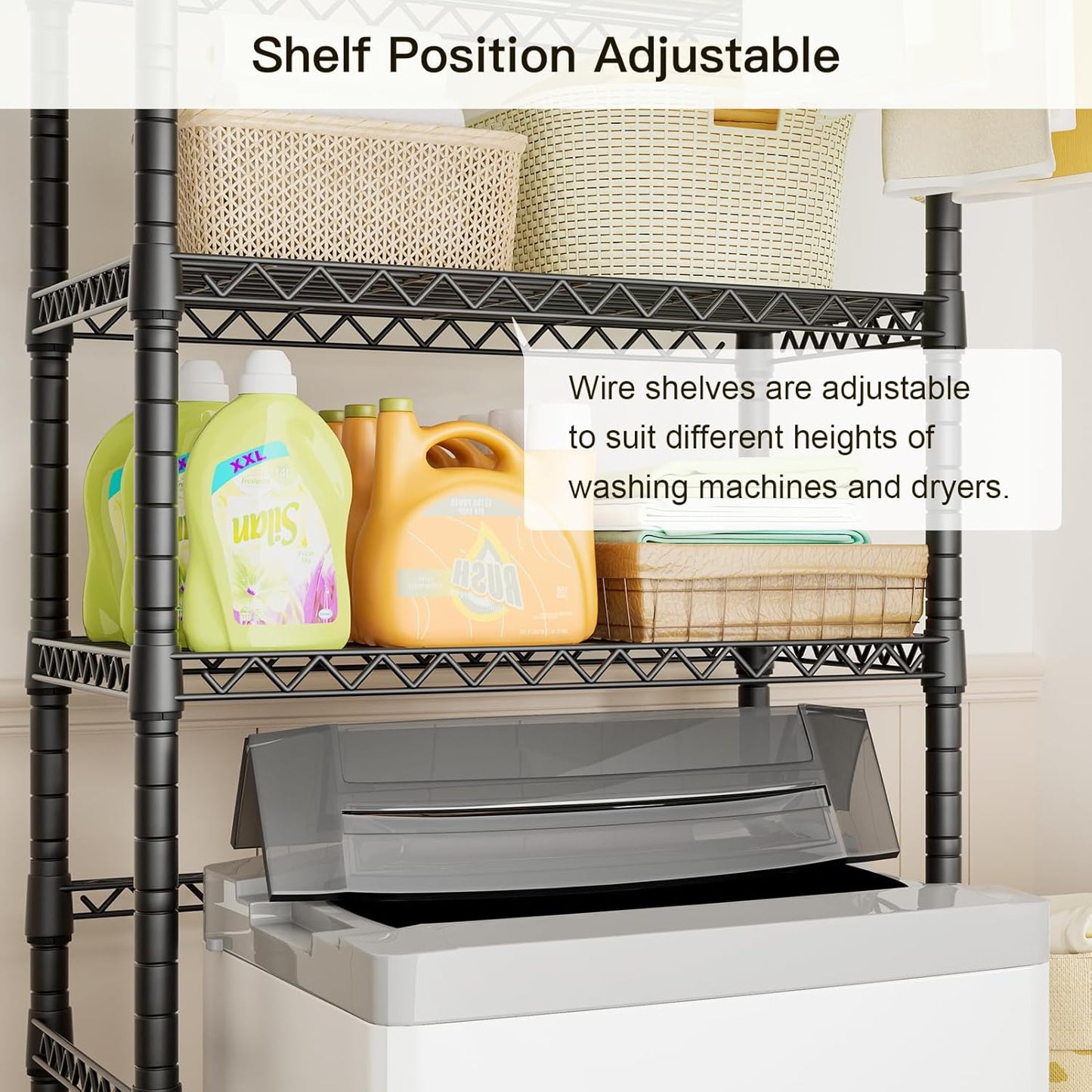 Ulif U11 Over Washer and Dryer Shelves, 3 Tiers Laundry Room Storage and Organizer Standing Shelf, Metal Freestanding Clothes Drying Rack, 33.9" W x 19.7" D x 77.6" H, Black