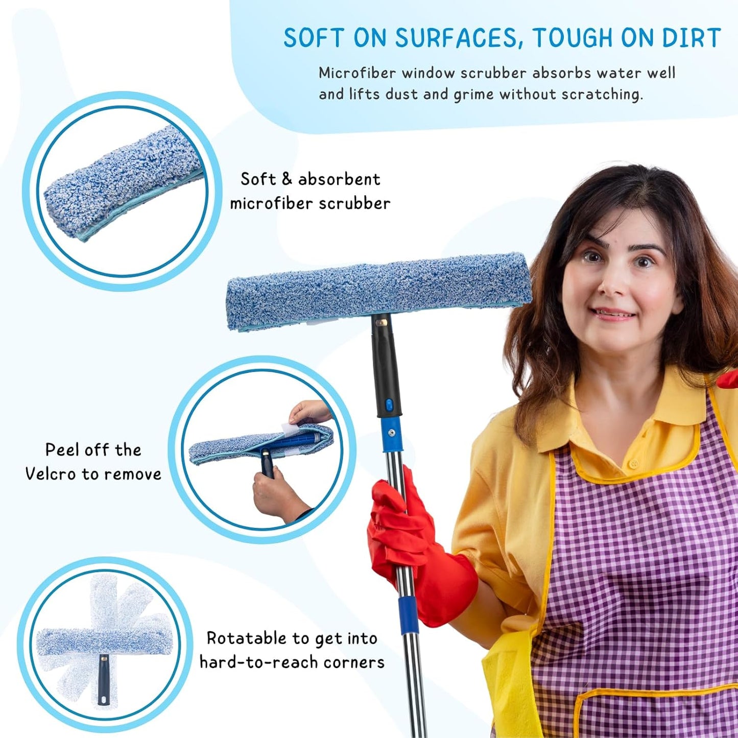 Window Squeegee with Scrubber for Home and Outdoor Glasses Cleaning, 6 Ft Long Handle 2 in 1 Professional Window Washing Kit with Replacement Rubber Blade, Car Windshield Cleaner Tool