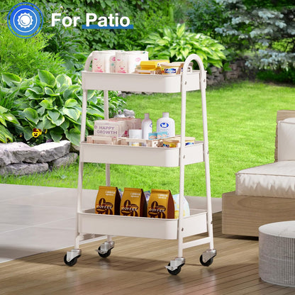 DUMOS 3 Tiers Rolling Cart, Utility Cart, Metal, White | Mobile Storage, Lockable Wheels, Utility Shelving Unit, Kitchen, Bathroom, Laundry, Narrow Places