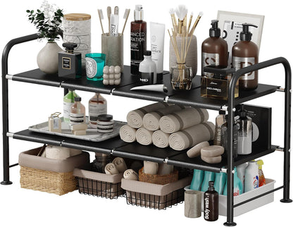NETEL Under Sink Organizers and Storage, 2 Tier Expandable Under Cabinet Organizer Shelf with 4 Baskets and 4 Panels, Expandable Shelf for Cupboard, Kitchen, Bathroom, Shoe Storage Rack