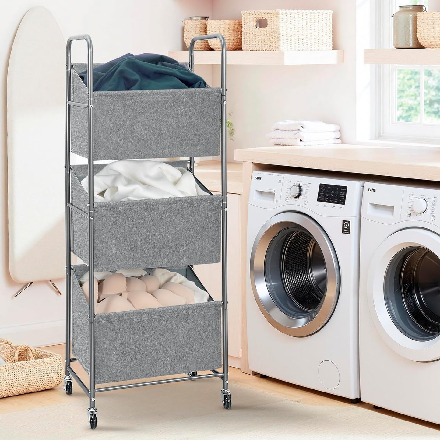 STO STO 3-Tier Vertical Laundry Hamper with Wheels, 120L Rolling Laundry Sorter with 3 Removable Breathable Mesh Bags, Rust-Resistant Steel Frame for Small Spaces, Apartment, Dorm, Black Mesh