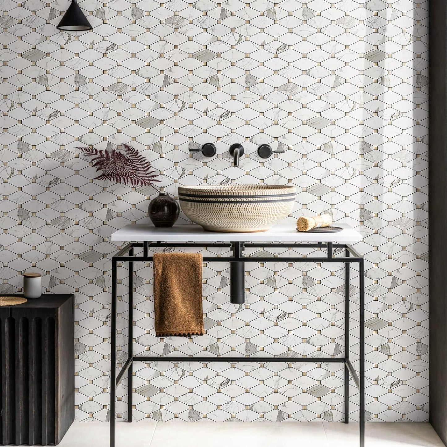 STICKGOO 10 Sheets Peel and Stick Backsplash, Polished Dolomite PVC Mixed Metal Gold Kitchen Backsplash, Stick on Backsplash Wall Tiles for Kitchen, Bathroom, RV