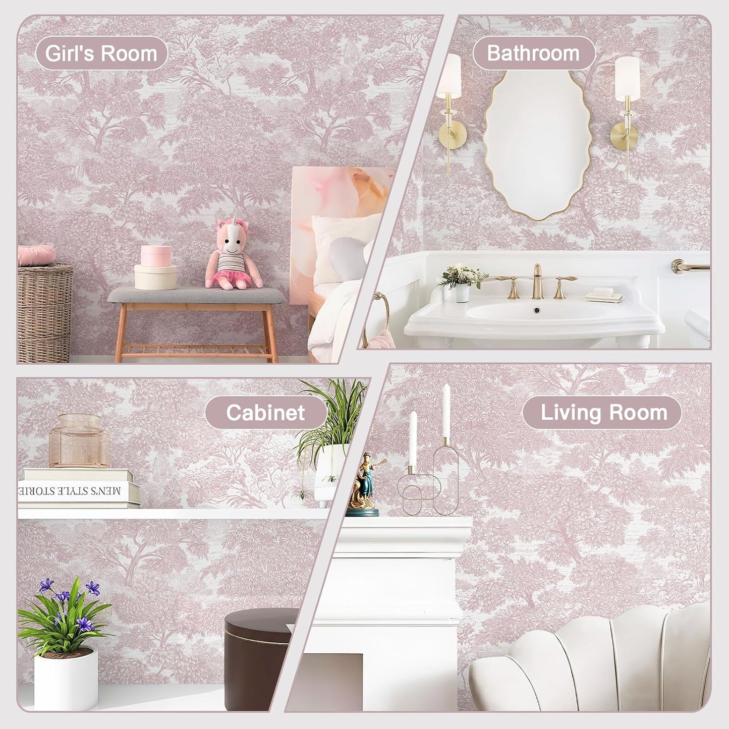 Safiyya Peel and Stick Wallpaper Beige Forest Contact Paper 17.3" x 118" Vintage Tree Wall Paper Renter Friendly Self Adhesive Removable Wallpaper for Bathroom Vinyl Off-White
