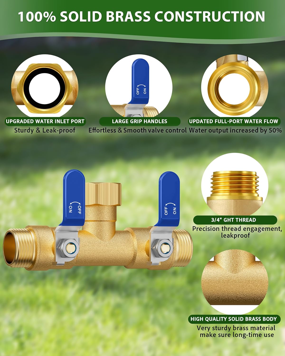 Hose Splitter 2 Way, Heavy Duty Brass Garden Hose Splitter, Water Hose Bib Spigot Splitter with 0.59" Full Flow Ball Valve Outlet & Shut-Off Valve 3/4'' Connector Outdoor Water Faucet Adapter