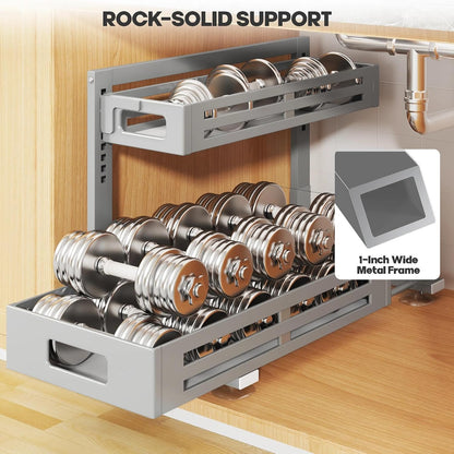 2 Pack Under Sink Organizer,Pull Out Cabinet Organizer with Smooth Cylindrical Rail,Metal Slide Out Drawer for Kitchen Bathroom Laundry Cabinet,8-Level Tool Free Height Adjustable-Black