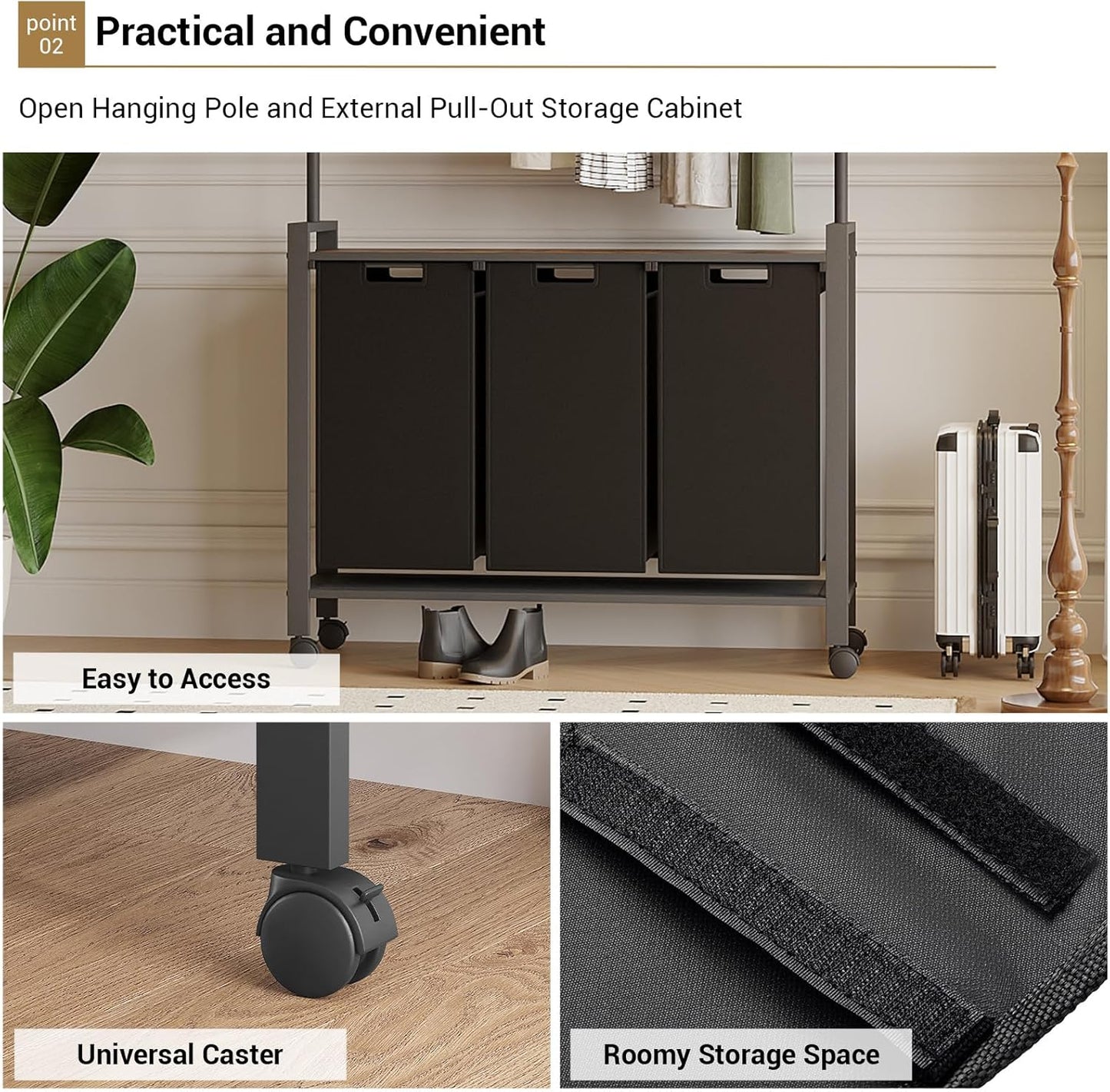 Laundry Sorter Cart with Hanging Rod, 3 Section Laundry Hamper with Wheels for Small Spaces, Laundry Organizer, Dirty Clothes Hamper for Apartment, Dorm