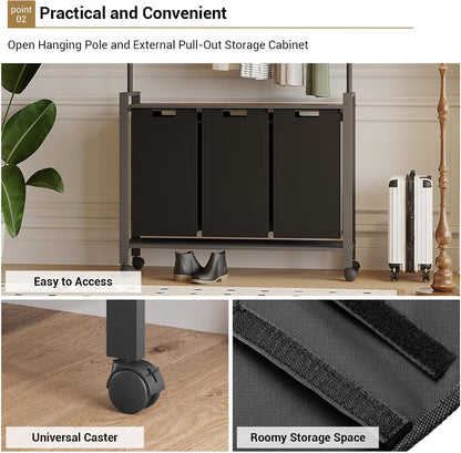 Laundry Sorter Cart with Hanging Rod, 3 Section Laundry Hamper with Wheels for Small Spaces, Laundry Organizer, Dirty Clothes Hamper for Apartment, Dorm
