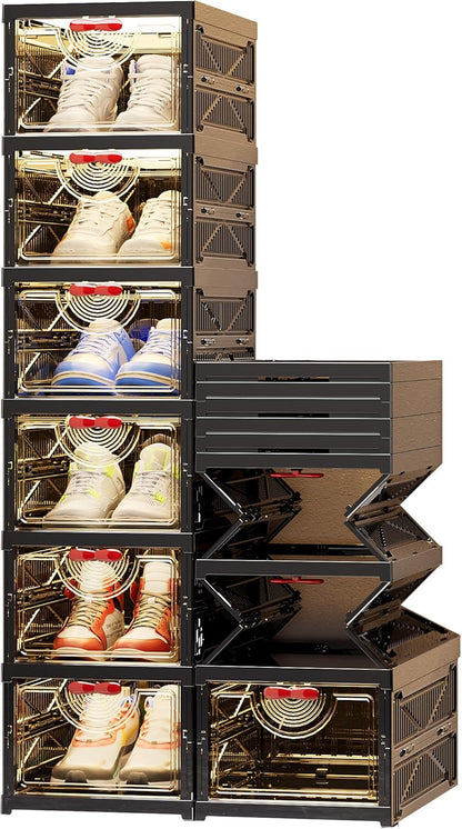 Foldable Shoe Rack Organizer Stackable Shoe Storage Box for Entryway, Closet & Bedroom Large Capacity Sneaker Containers Bins with Lids 6 Pack Black
