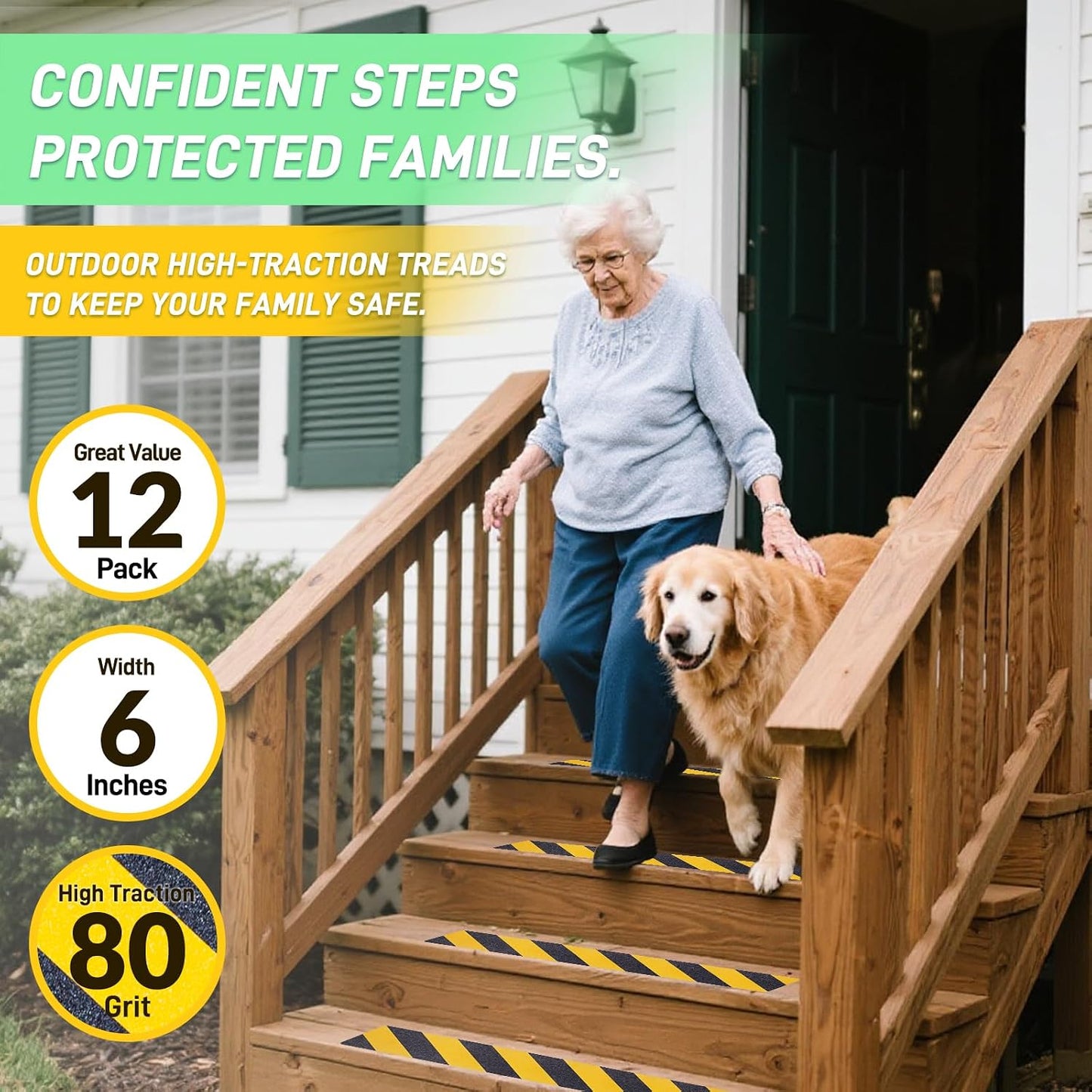 6" x 30" Anti Slip Traction Treads Tape (12-Pack), Pre-Cut Grip Tape for Stair Steps Outdoor, Waterproof Black Non Slip Stair Treads for Floor Safety, Easy to Install