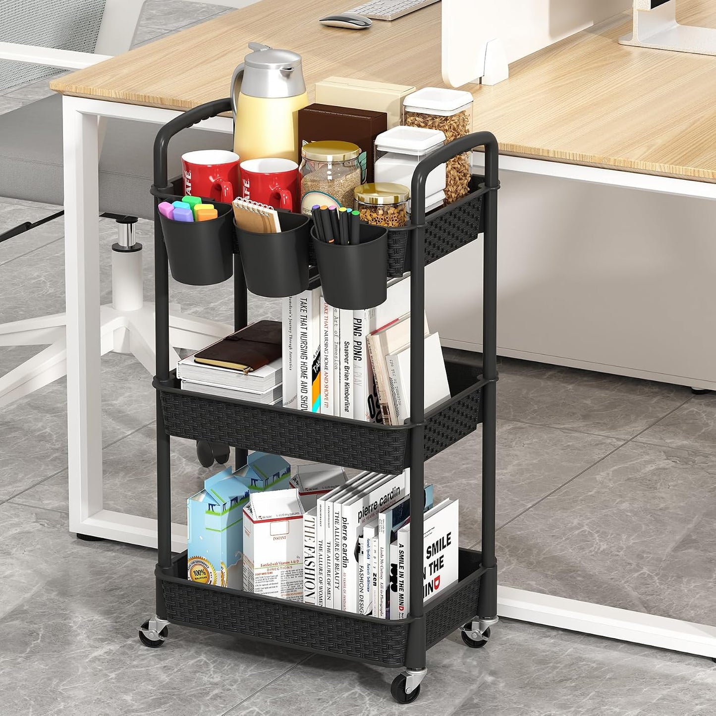 MOYIPIN 3-Tier Plastic Rolling Utility Cart with Handle,Utility Storage Cart for Office, Living Room, Kitchen,Movable Storage Organizer Shelves,White