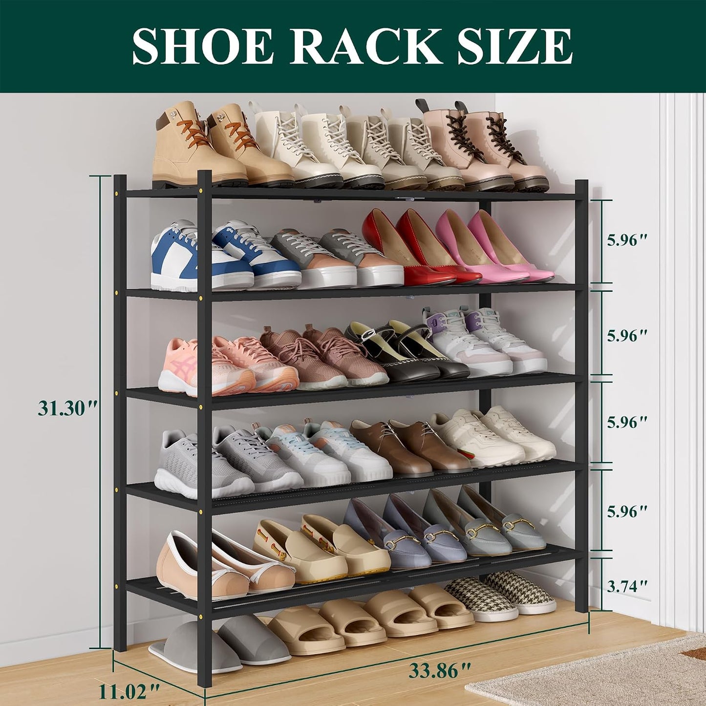 Smiry Bamboo Shoe Rack, 3 Tier Free Standing Wooden Shoe Organizer, Stackable Wood Shoe Storage Shelf for Closet, Entryway, 5 Horizontal Slats, 26.8"x11"x18.3", Natural