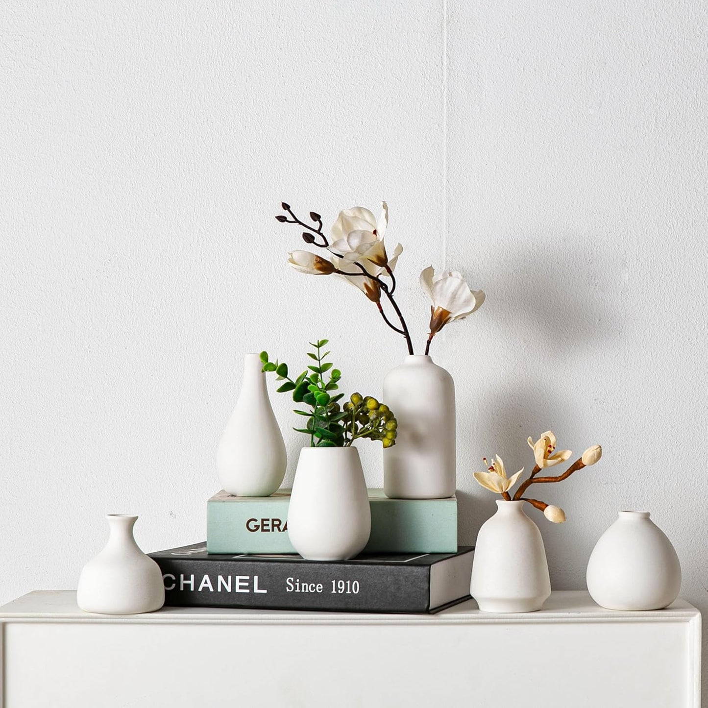 Tanvecle Small White Vases, Ceramic Bud Vase Set of 5, Mini Pottery Vases for Pampas Grass, Flowers, Decorative Vases for Home Modern Decor, Rustic Decor, Veses for Living Room Dining Table Shelves