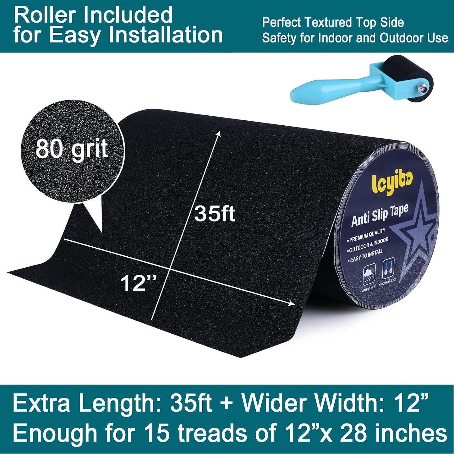 Anti Slip Tape, 12 Inch x 16 Ft Grip Tape for Stairs Outdoor/Indoor, Waterproof Non Skid Roll for Stair Treads Non Slip, High Traction Friction Abrasive Adhesive Stair Steps - Black