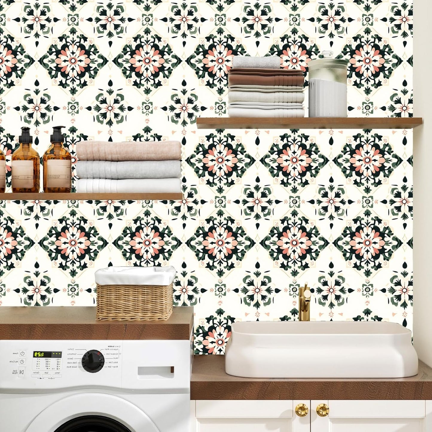 BOKEBEVE Leaves Contact Paper Floral Wallpaper Stick and Peel Boho Damask Wall Paper for Liner Drawer Cabinet Backsplash Renter Friendly Waterproof 17.5 x 118In
