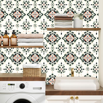 BOKEBEVE Leaves Contact Paper Floral Wallpaper Stick and Peel Boho Damask Wall Paper for Liner Drawer Cabinet Backsplash Renter Friendly Waterproof 17.5 x 118In