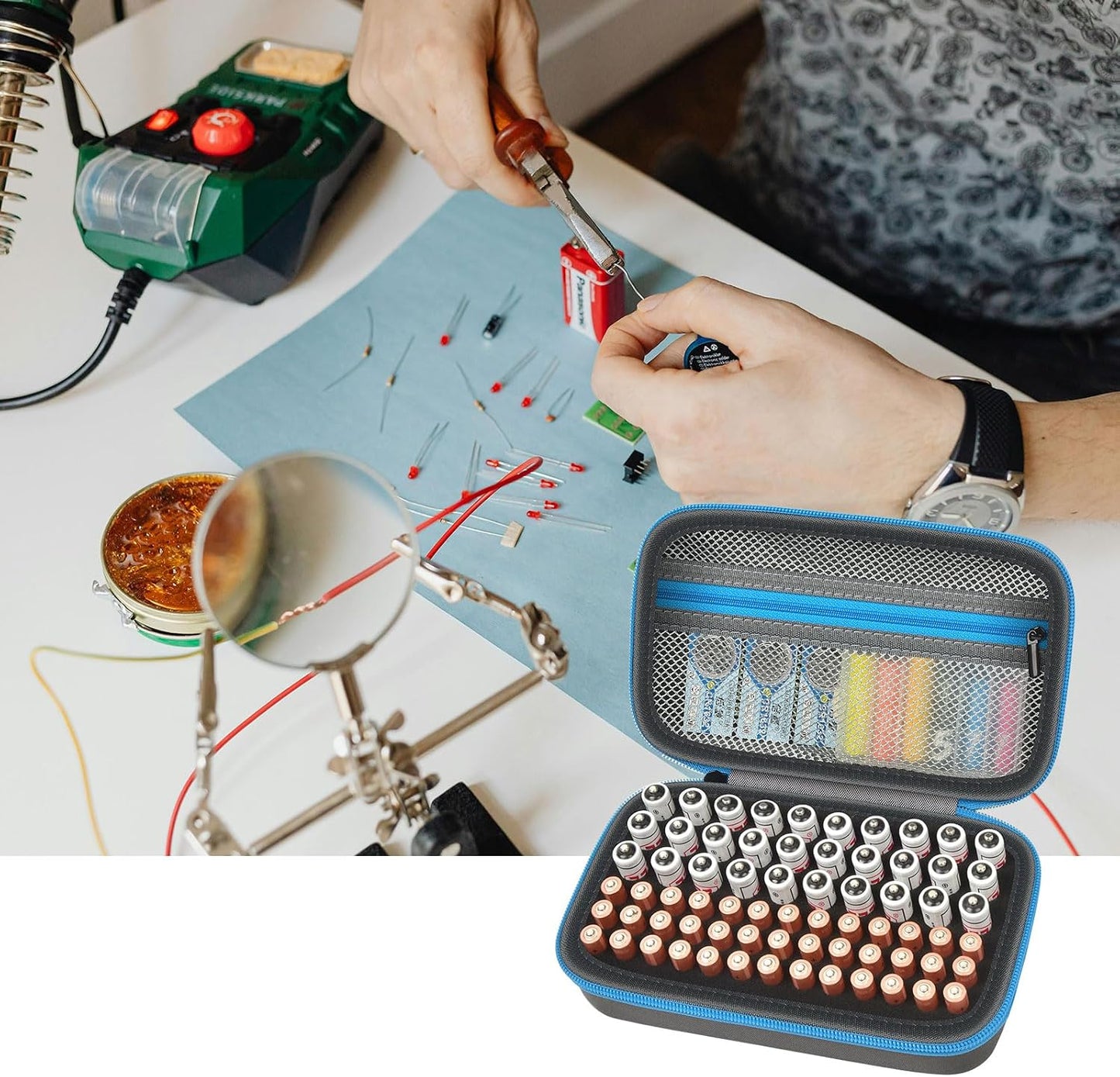 ALKOO 136+ Battery Organizer Storage Case with BT-168 Tester | AA AAA C D 9V & Button Cells Batteries Holder Box, Foam Protection, Home / Garage / Drawer Organization, Case Only, Red