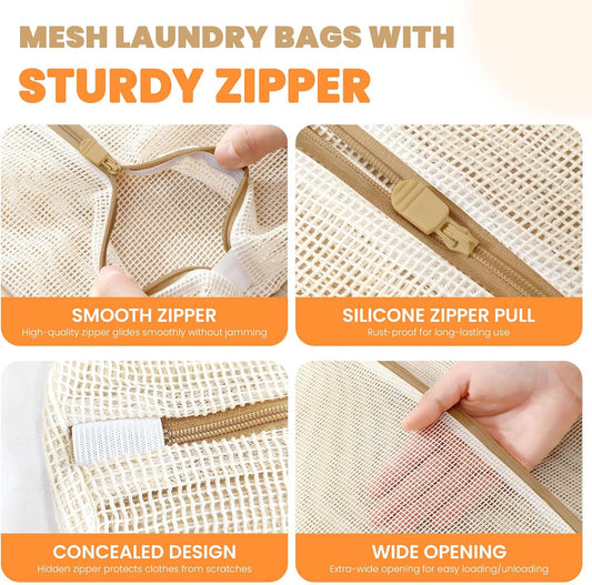 ABRRLO 4Pcs Cotton Mesh Laundry Bags for Delicates,Breathable Mesh Garment Bag for Washing Machine,Travel Wash Bags with Zipper for Bras,Underwear,Socks,Baby Clothes,Laundry Dorm Room Essentials(S)
