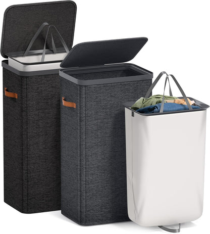 Sorbus Laundry Hamper with Lid - Collapsible 3-Compartment Fabric Laundry Basket with Handles and Removable Laundry Bag – 50 Gallon (190 L) Dirty Clothes Hamper for Bedroom, bathroom and dorm (Beige)