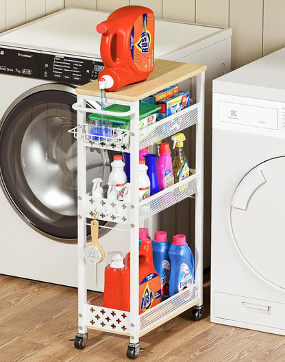 OKZEST Slim Laundry Room Organization Cart with Detergent Dispenser Holder | 4-Tier narrow rolling cart for small space, Holds tall bottles, Upgraded metal hub casters, Premium wood & metal mesh shelves