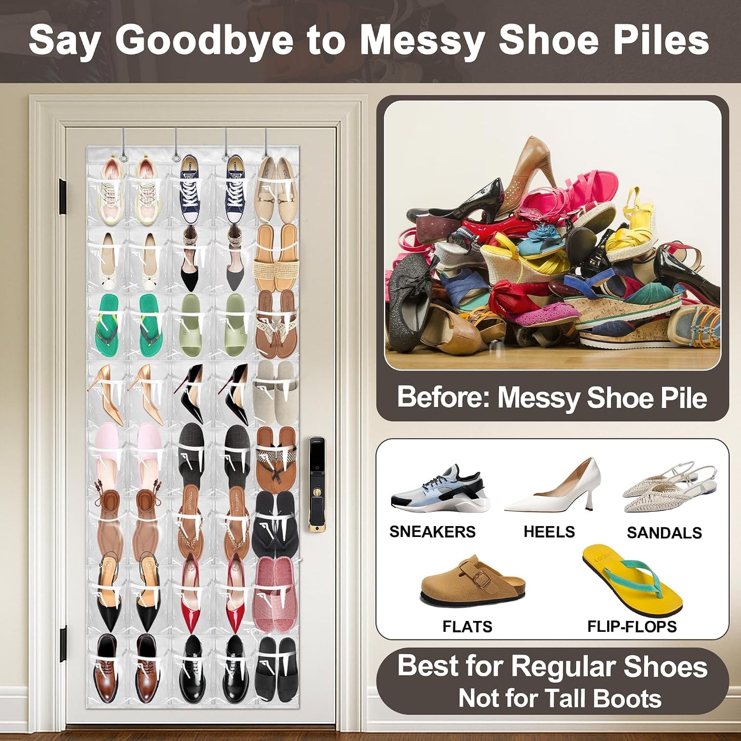 40 Pockets Over the Door Shoe Organizer – Waterproof Hanging Shoe Holder for Closet & Bathroom – Space-Saving Clear PVC Door Shoe Rack for Shoes, Toys, Toiletries & Snacks (White)