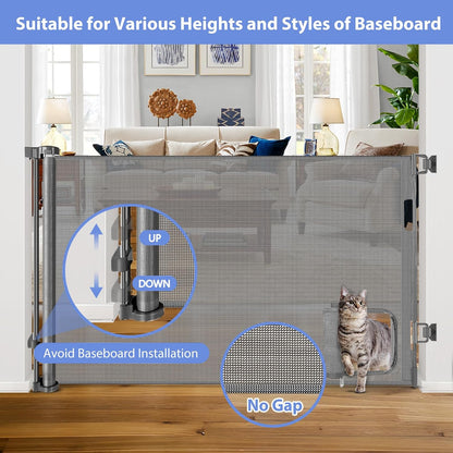 Retractable Baby Gate with Cat Door 55" Wide Retractable Baby Gate for Stairs Mesh Baby Gate with Pet Door Retractable Dog Gate for The House Retractable Pet Gate with Door Safety Gates for Toddlers