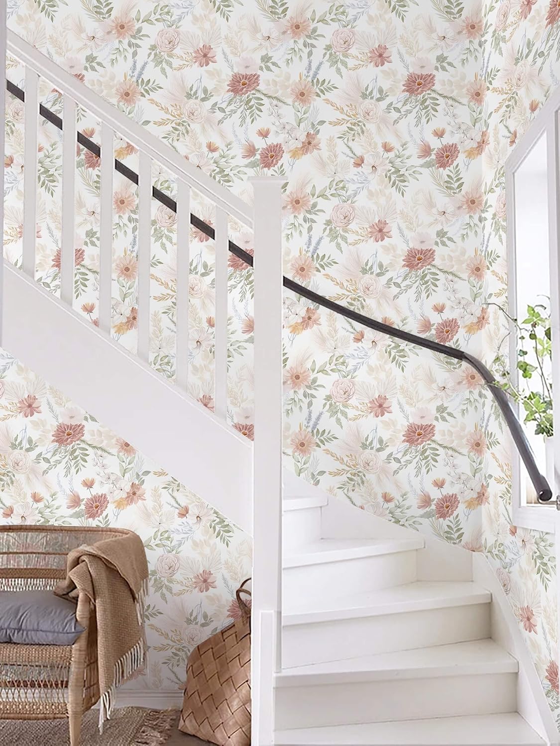 Dimoon 17.3''x78.7'' Peel and Stick Wallpaper Floral Cute Contact Paper Vintage Village Country Cottage Wallpaper Farmhouse Yellow Beige Renter Friendly Geometry Waterproof Embossed Kitchen Bedroom