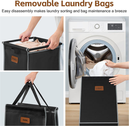 Hoctieon 4 Section Laundry Cart, 48 Gal. (182L) Laundry Hamper with Lid, Laundry Basket with Wheels, Rolling Laundry Sorter Organizer with Shelf, Clothes Separator with Removable Bags, Black