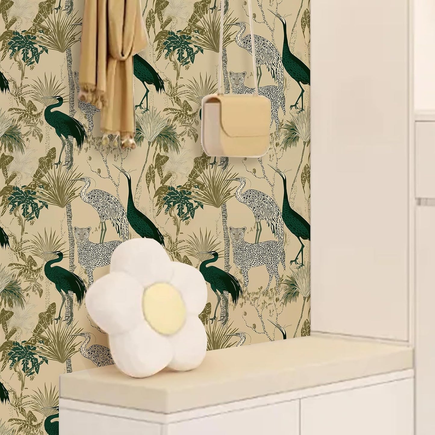 Peel and Stick Wallpaper, Leopard, Crane & Tropical Plant Pattern, Self - Adhesive Removable, PVC Contact Paper for Bedroom/Living Room/Kitchen/Bathroom/Cabinet, Renter Friendly ﻿