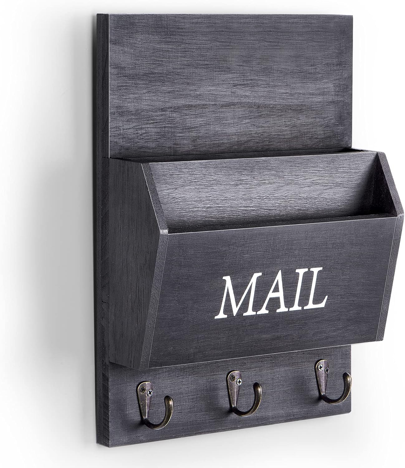 DLQuarts Mail Organizer with Key Holder for Wall, Mail Sorter Wall Mounted, Decorative Wooden Key and Mail Holder with 3 Hooks, Black