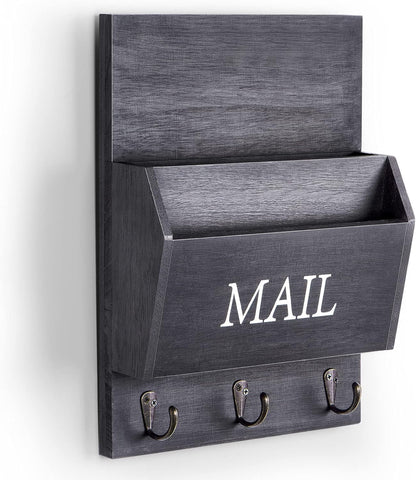 DLQuarts Mail Organizer with Key Holder for Wall, Mail Sorter Wall Mounted, Decorative Wooden Key and Mail Holder with 3 Hooks, Black